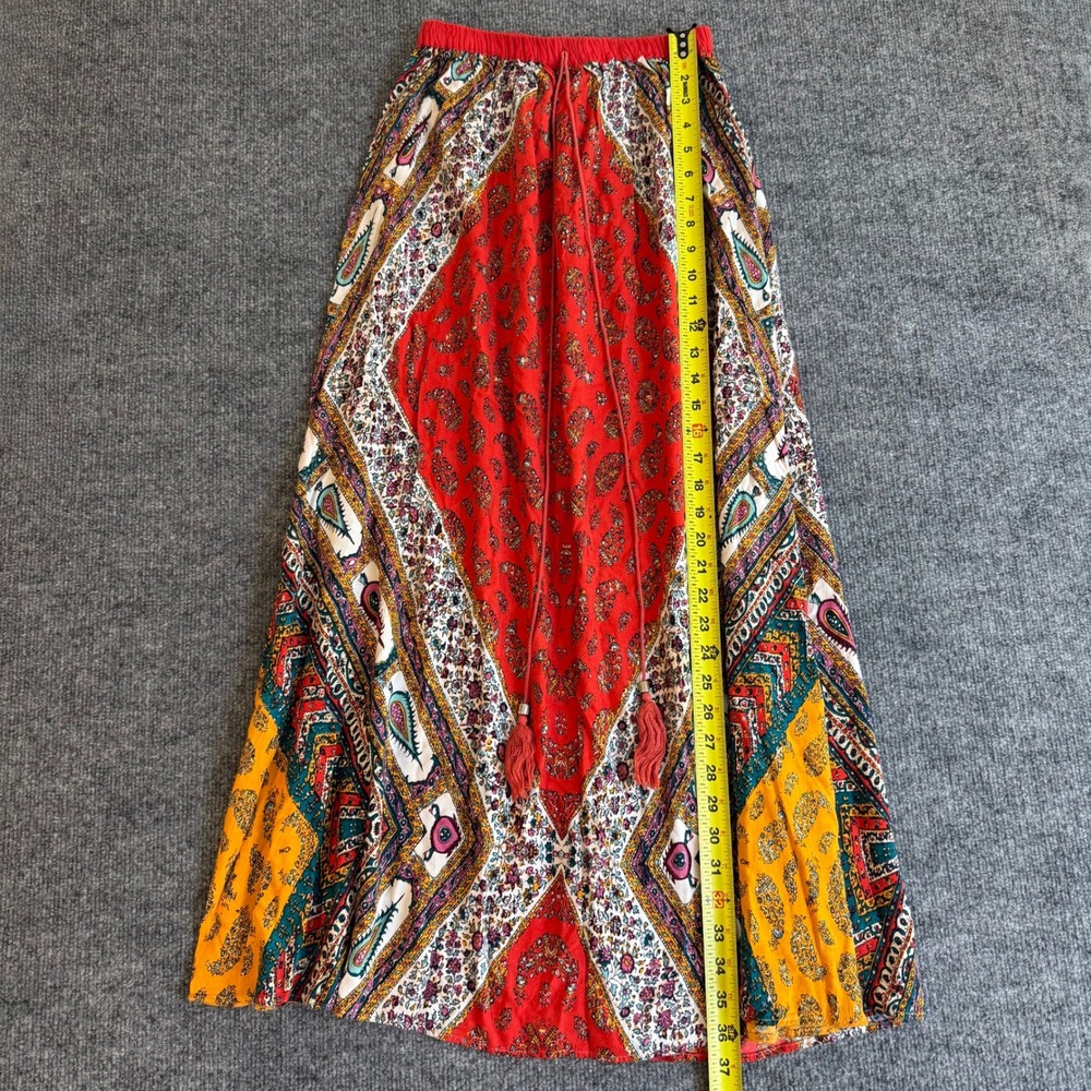 Angie Womens Red Multi Paisley Patchwork Tassel Metal Drawstring Maxi Skirt Boho - Picture 7 of 7